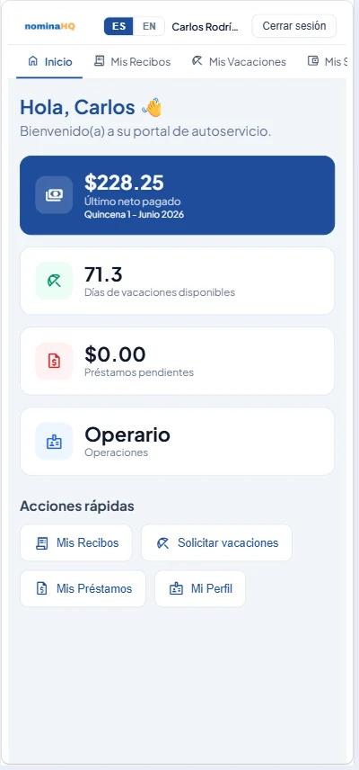 Portal del colaborador de NominaHQ en el celular